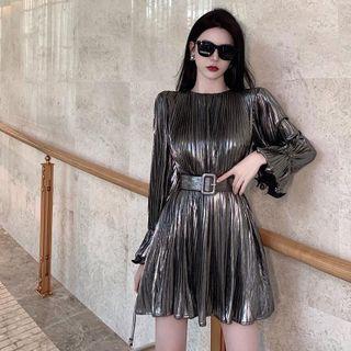Set: Long-sleeve Metallic Mini A-line Dress + Belt