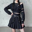 Zipped Cropped Sweatshirt / Mini Pleated Skirt / Faux Leather Belt / Set