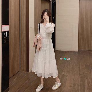 Long-sleeve Midi Lace Dress / Knit Vest
