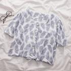 Leaf Print Short-sleeve Blouse As Shown In Figure - One Size