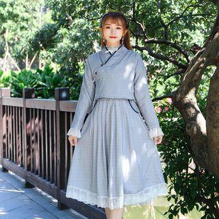 Set: Long-sleeve Plaid Top + Sleeveless Midi A-line Dress