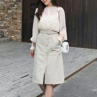 Set: Long-sleeve Chiffon Top + Midi A-line Skirt + Camisole