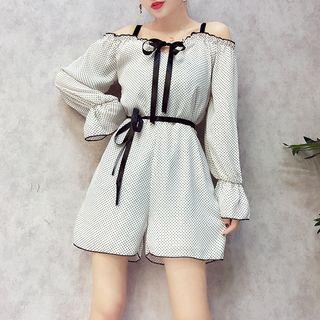 Off Shoulder Dotted Long Sleeve Playsuit