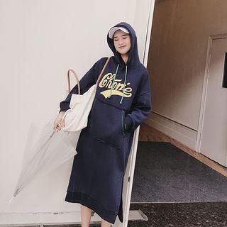 Lettering Hooded Slit-side Pullover Dress