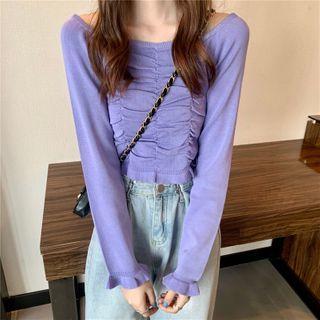 Shirred Long-sleeve Cropped Knit Top