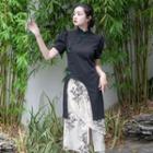 Puff-sleeve Asymmetrical Hanfu Blouse / Floral Mid Pencil Skirt / Set