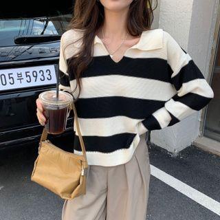 Striped Collared Sweater Stripe - Almond & Black - One Size