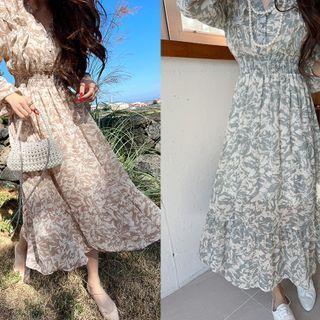 Smocked-waist Ruffled Floral Long Dress