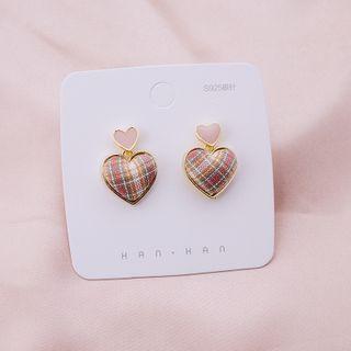Plaid Heart Fabric Dangle Earring E133-3 - Pink - One Size