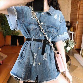 Short-sleeve Frayed Distressed Denim Jacket Blue - One Size