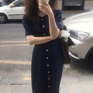 Short-sleeve Buttoned Midi Sheath Dress