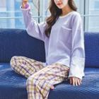 Loungewear Set : Long-sleeve Pocket Top + Plaid Pants