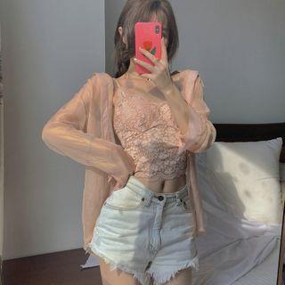 Long-sleeve Glitter Shirt / Lace Camisole