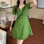 Puff-sleeve Plaid Mini A-line Dress / Midi A-line Dress
