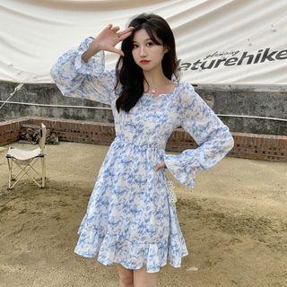 Square-neck Mini A-line Dress Blue & White - One Size