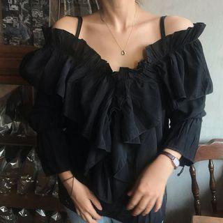 Off-shoulder Ruffle-trim Top Black - One Size