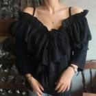 Off-shoulder Ruffle-trim Top Black - One Size