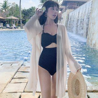 Open Back Light Jacket / Halter-neck Cut-out Swimsuit / Set