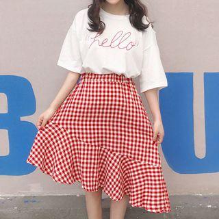 Set: Elbow-sleeve Lettering T-shirt + Plaid Midi Skirt