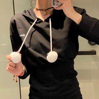 Lettering Pom Pom Mini Bodycon Hoodie Dress Black - One Size