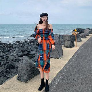 Balloon-sleeve Plaid Smocked Cropped Blouse / Plaid Midi Shirred A-line Skirt