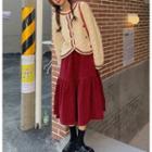 Contrast Trim Knit Cardigan / Corduroy Midi Skirt