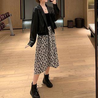 Faux Leather Button Jacket / Spaghetti Strap Floral Print Dress