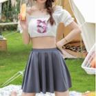 Set: Puff-sleeve Ribbon Swim Top + Swim Skirt