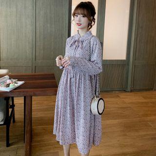 Long-sleeve Tie-neck Floral Midi A-line Dress
