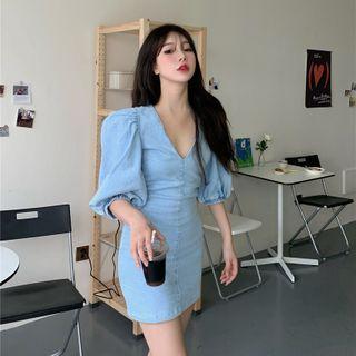Puff-sleeve V-neck Denim Slim Fit Dress