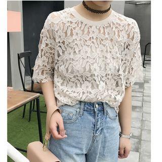 Set: Elbow-sleeve Lace T-shirt + Camisole Top