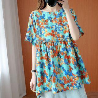 Printed Short-sleeve Blouse Tangerine - One Size