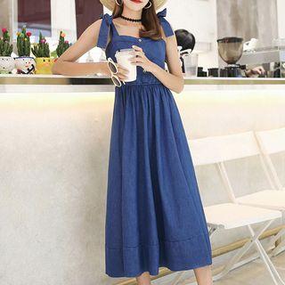 Shoulder Strap Cold-shoulder Buttoned Denim A-line Dress