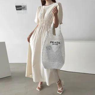 Balloon-sleeve Smocked Long Dress