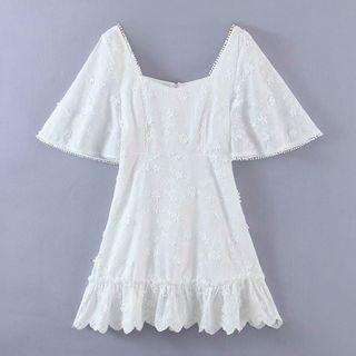 Square-neck Floral Embroidered Mini A-line Dress