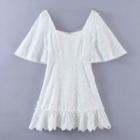 Square-neck Floral Embroidered Mini A-line Dress