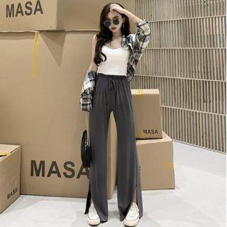 Long-sleeve Plaid Shirt / Plain Camisole / High-waist Plain Wide-leg Pants