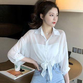 Elbow-sleeve Plain Sheer Chiffon Shirt