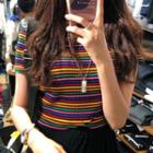 Multicolor-stripe Short-sleeve Top As Shown As Figure - One Size