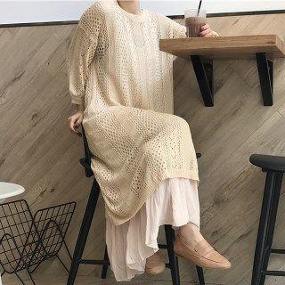 Open Knit Maxi Dress / Spaghetti Strap Maxi Dress