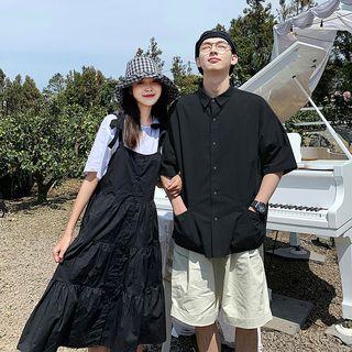 Couple Matching Elbow-sleeve T-shirt / Elbow-sleeve Shirt / Midi Pinafore Dress