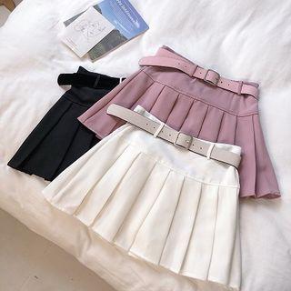 Plain High-waist A-line Pleated Skirt With Belt