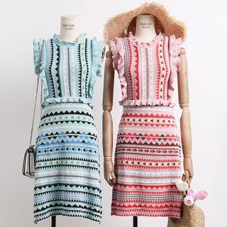 Ruffled-trim Ethnic-print Knit Dress