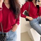 V-neck Cashmere Blend Knit Top Red - One Size