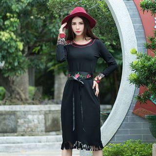 Long-sleeve Fringe-trim Embroidered Dress