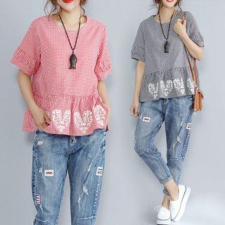 Plaid Embroidered Short-sleeve T Shirt