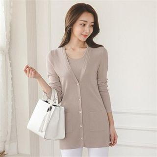 Set: V-neck Rib-knit Cardigan + Sleeveless Knit Top