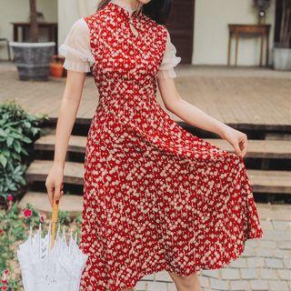 Stand Collar Panel Sleeve Floral Midi Dress