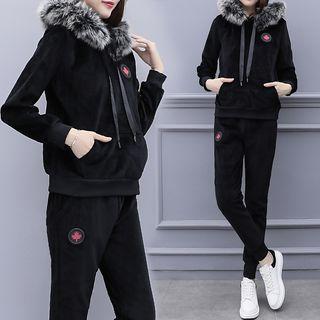 Set: Faux-fur Trim Hoodie + Sweatpants