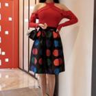 Set: Cutout-sleeve Top + Printed Skirt
